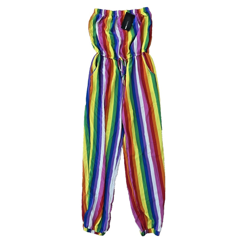 New fashion nova rainbow strapless Jumpsuit pants one piece Sz L Romper Stripes